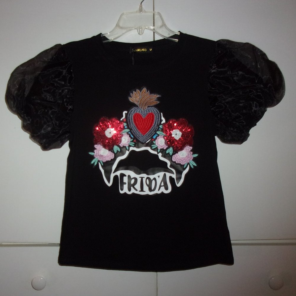 Denimland Frida Kahlo Themed Puff Sleeve Top